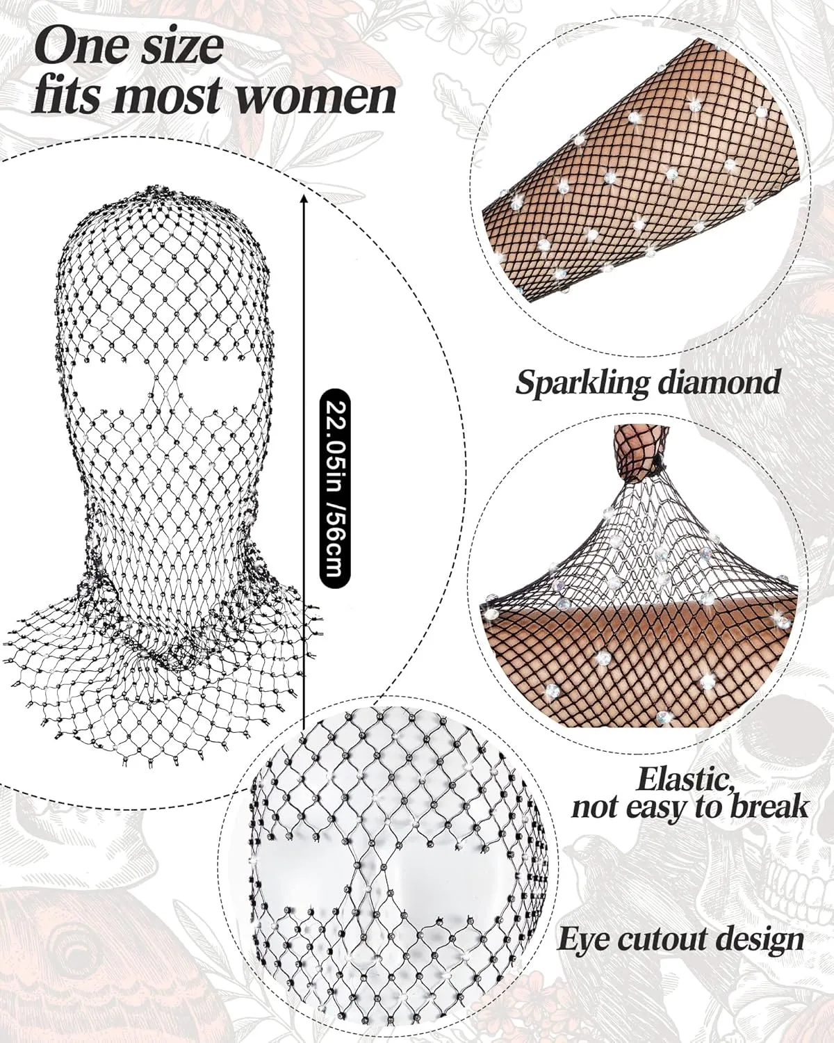 Zhanmai 2 Pack Halloween Crystal Mesh Body Chain with Fishnet Long Gloves Rhinestone Glitter Breathable Headwear for Women