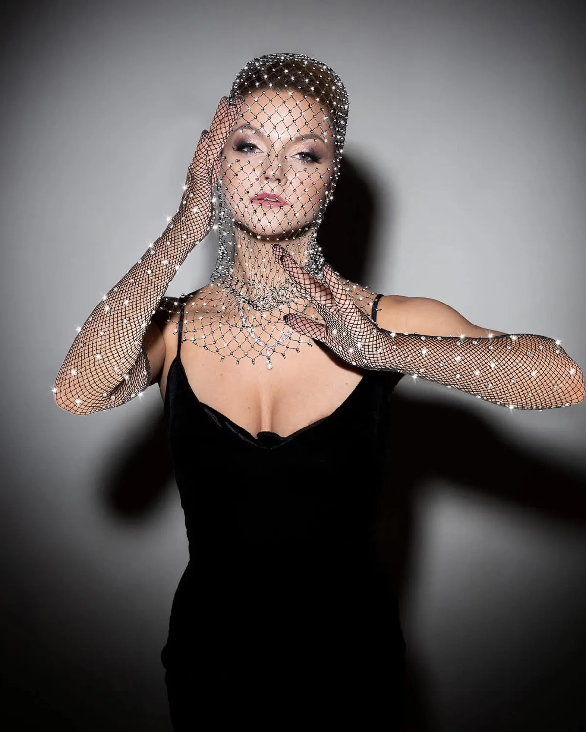 Zhanmai 2 Pack Halloween Crystal Mesh Body Chain with Fishnet Long Gloves Rhinestone Glitter Breathable Headwear for Women