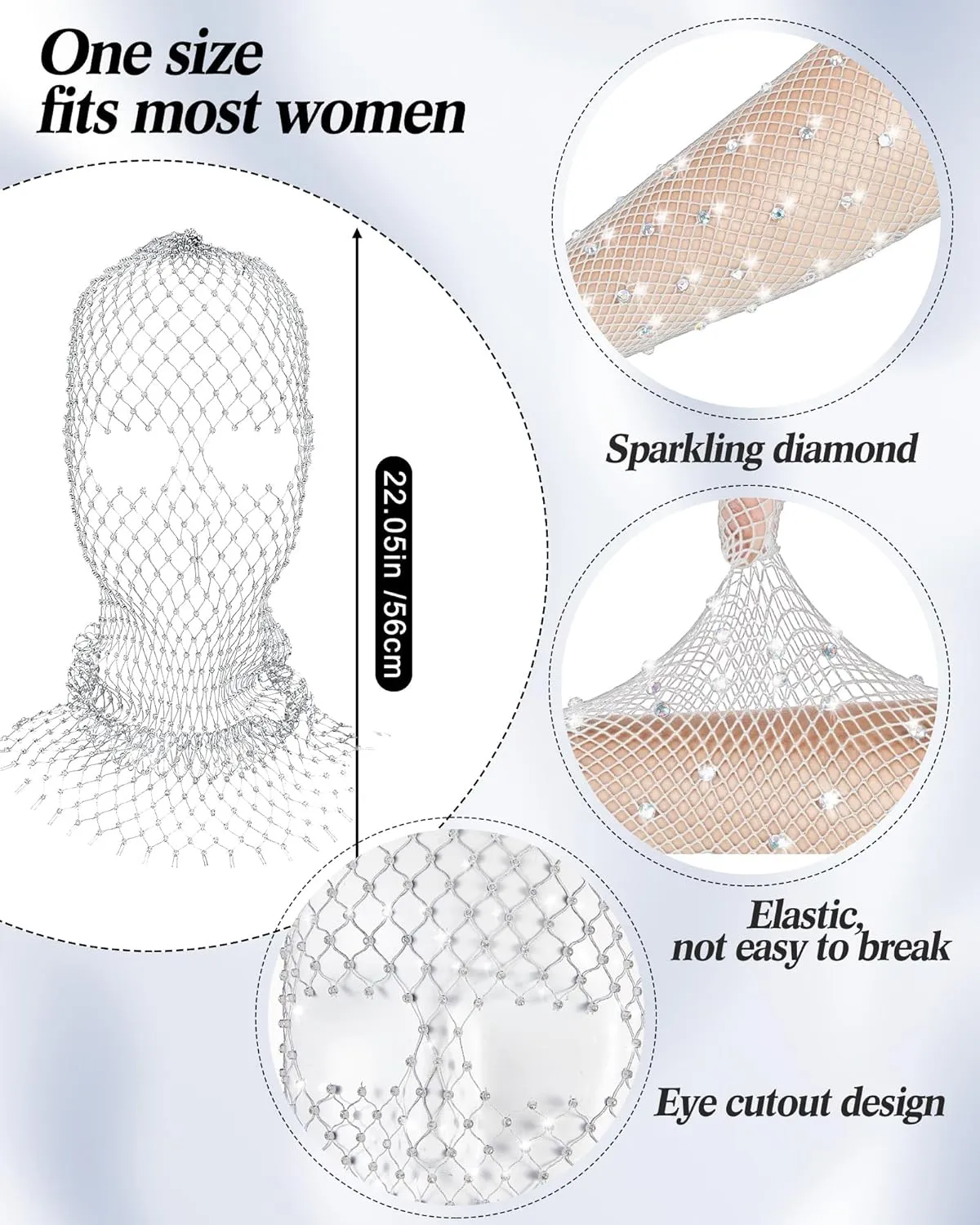 Zhanmai 2 Pack Halloween Crystal Mesh Body Chain with Fishnet Long Gloves Rhinestone Glitter Breathable Headwear for Women