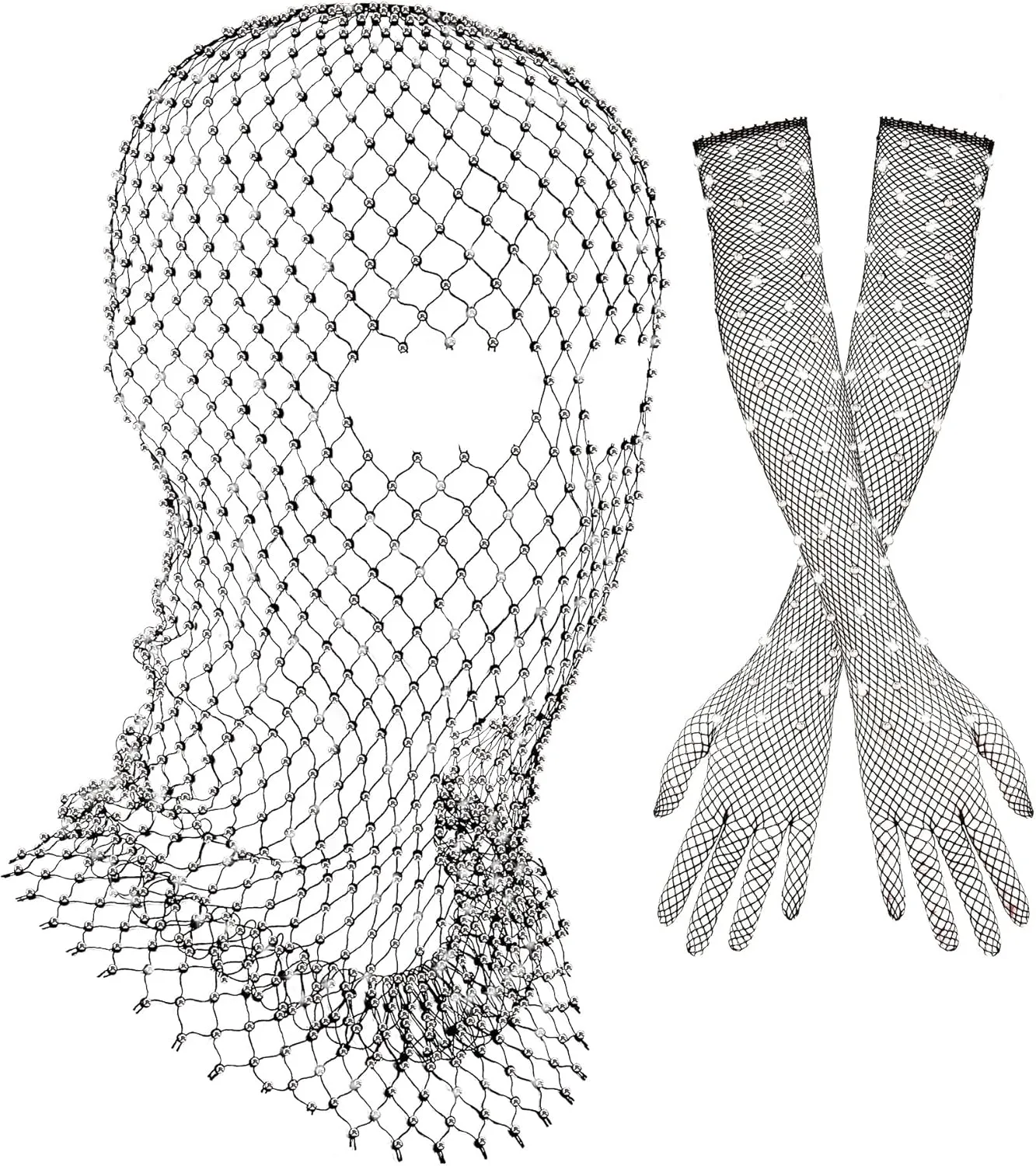Zhanmai 2 Pack Halloween Crystal Mesh Body Chain with Fishnet Long Gloves Rhinestone Glitter Breathable Headwear for Women