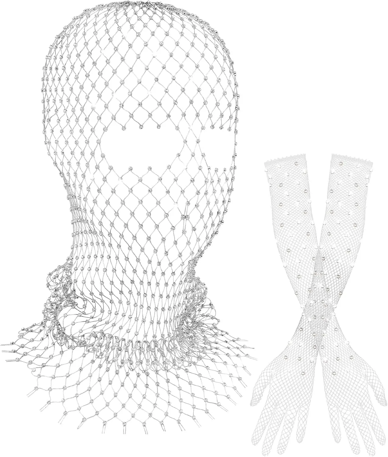 Zhanmai 2 Pack Halloween Crystal Mesh Body Chain with Fishnet Long Gloves Rhinestone Glitter Breathable Headwear for Women