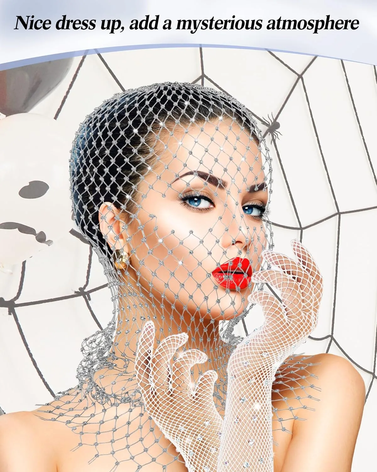 Zhanmai 2 Pack Halloween Crystal Mesh Body Chain with Fishnet Long Gloves Rhinestone Glitter Breathable Headwear for Women