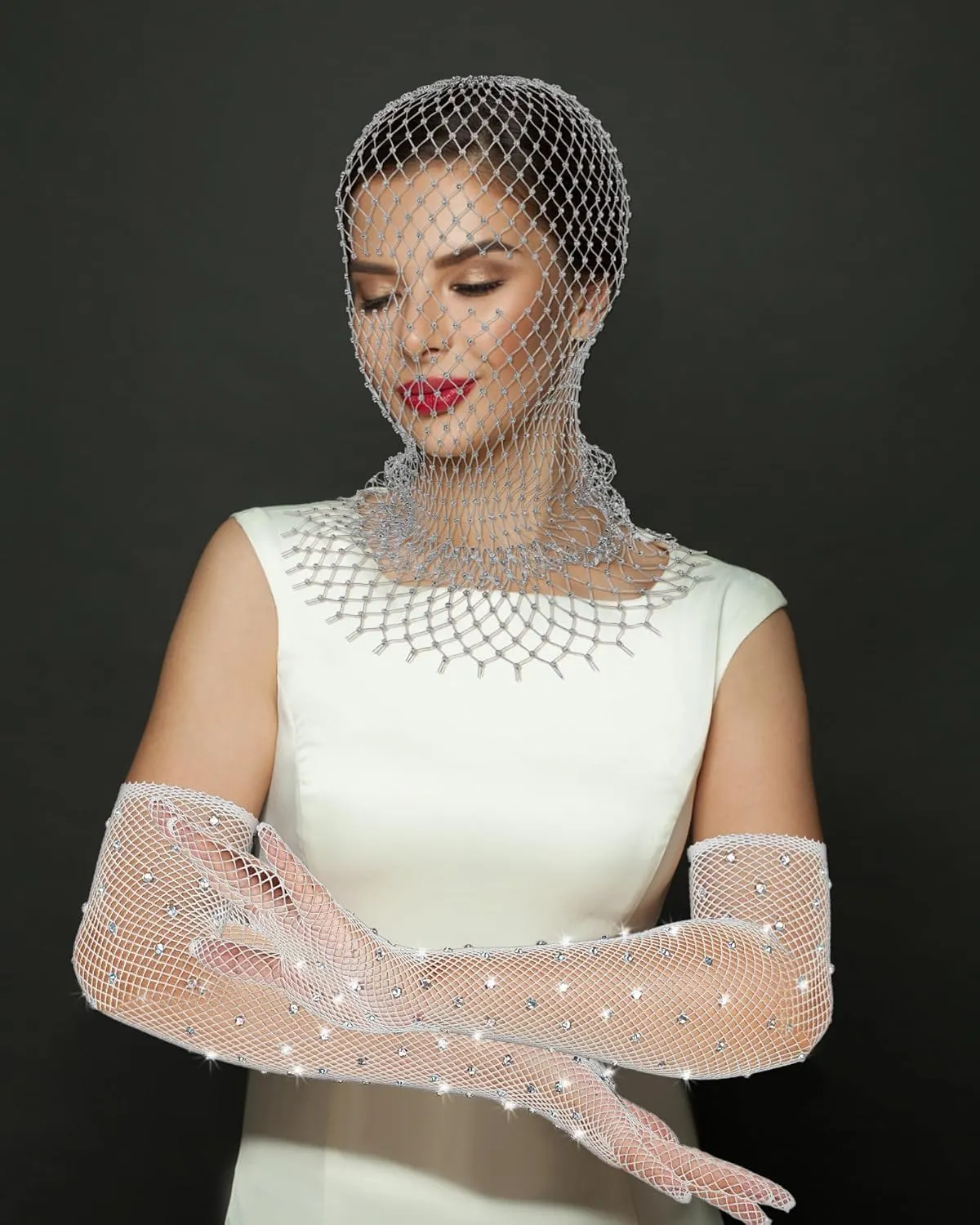 Zhanmai 2 Pack Halloween Crystal Mesh Body Chain with Fishnet Long Gloves Rhinestone Glitter Breathable Headwear for Women