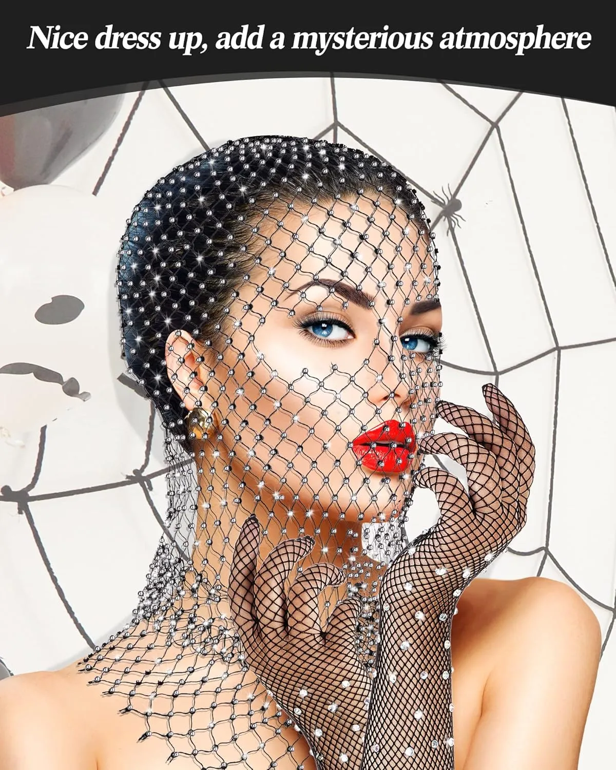 Zhanmai 2 Pack Halloween Crystal Mesh Body Chain with Fishnet Long Gloves Rhinestone Glitter Breathable Headwear for Women