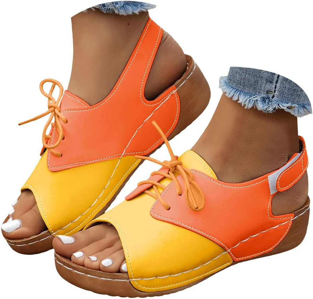 ZSpzx Wedge Sandals For Women 2025,Comfortable Dressy Summer Orthopedic Low Heel Comfortable Lace Up Slides Retro Soft Soled Walking Arch support Casual Non Slip-on Shoes for Daily Wear