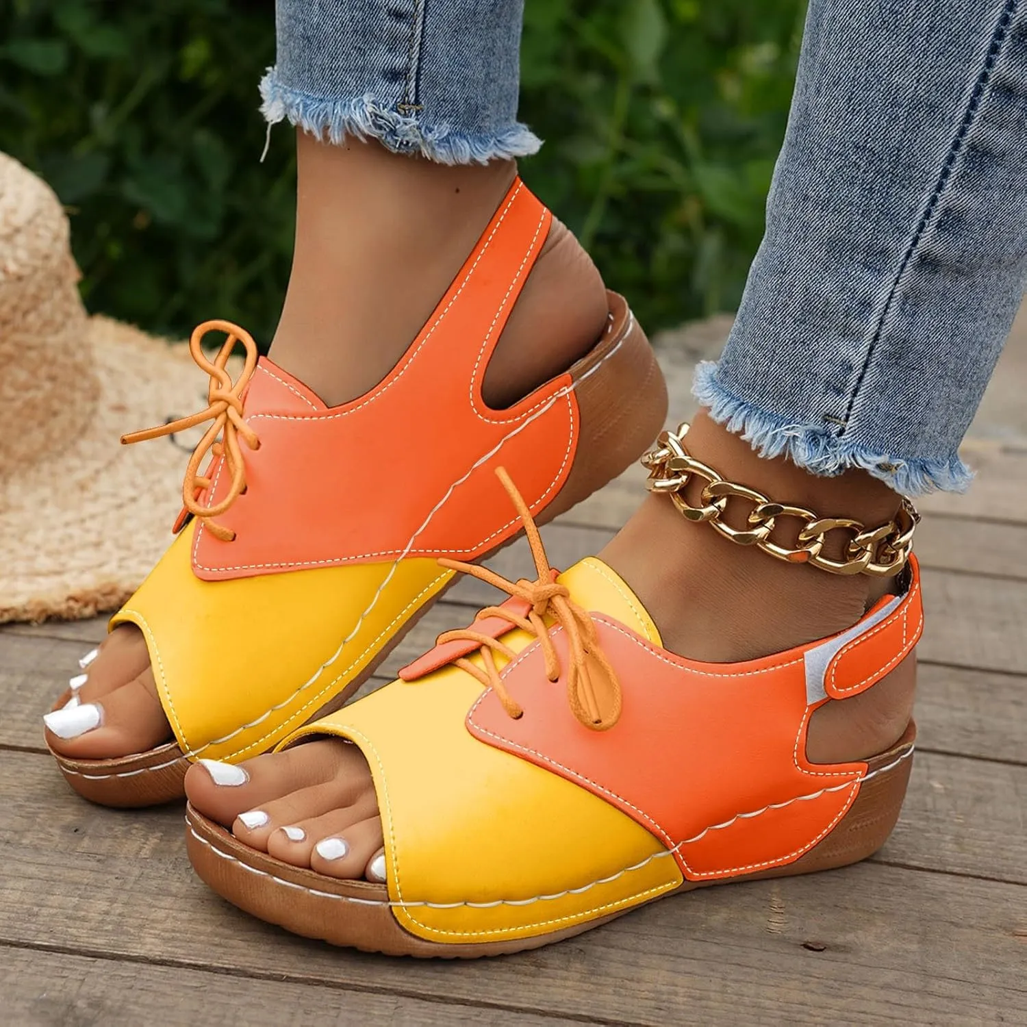ZSpzx Wedge Sandals For Women 2025,Comfortable Dressy Summer Orthopedic Low Heel Comfortable Lace Up Slides Retro Soft Soled Walking Arch support Casual Non Slip-on Shoes for Daily Wear