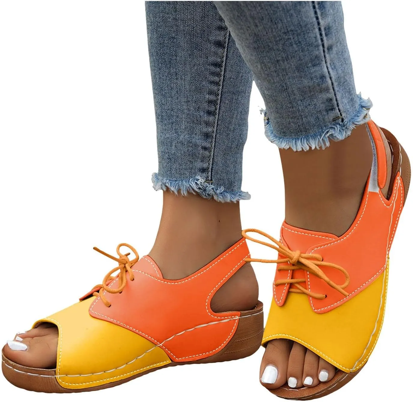 ZSpzx Wedge Sandals For Women 2025,Comfortable Dressy Summer Orthopedic Low Heel Comfortable Lace Up Slides Retro Soft Soled Walking Arch support Casual Non Slip-on Shoes for Daily Wear