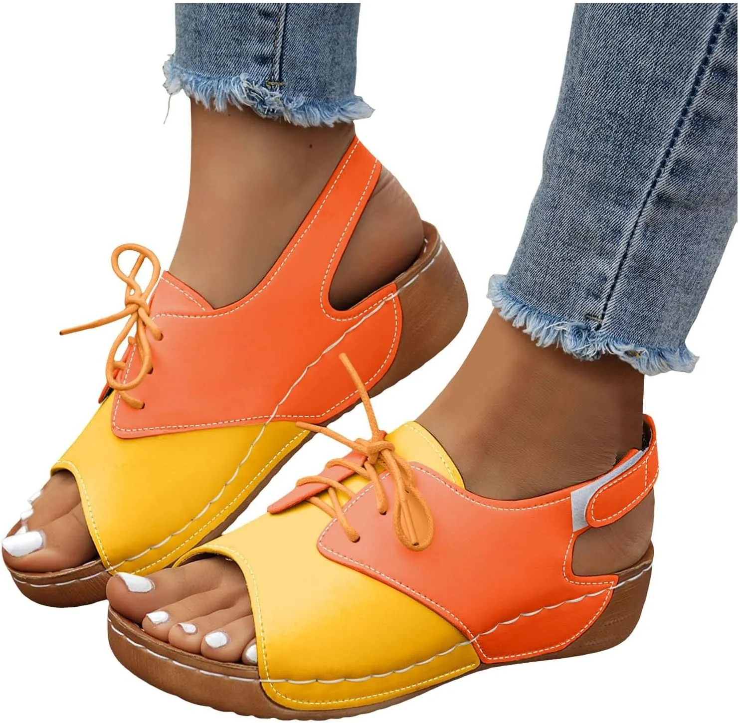 ZSpzx Wedge Sandals For Women 2025,Comfortable Dressy Summer Orthopedic Low Heel Comfortable Lace Up Slides Retro Soft Soled Walking Arch support Casual Non Slip-on Shoes for Daily Wear