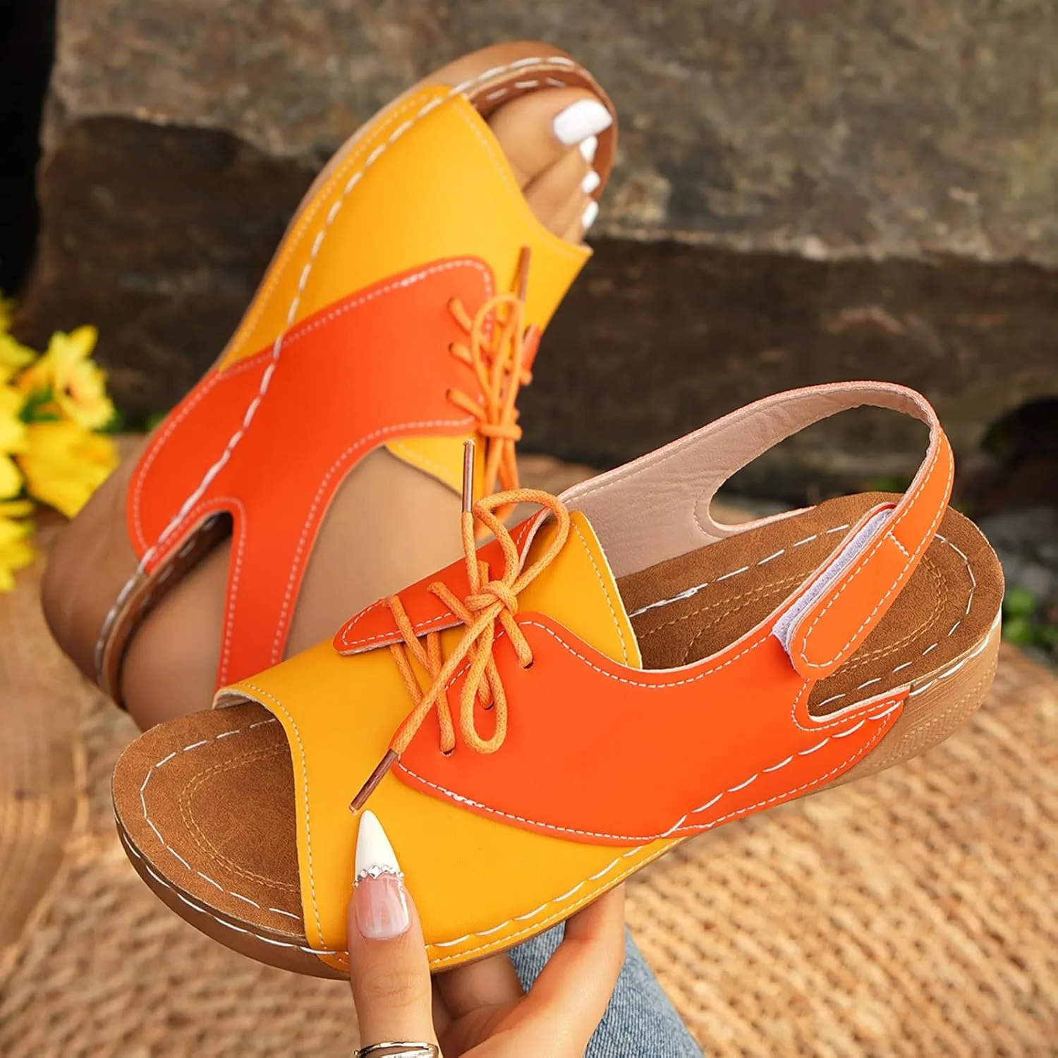 ZSpzx Wedge Sandals For Women 2025,Comfortable Dressy Summer Orthopedic Low Heel Comfortable Lace Up Slides Retro Soft Soled Walking Arch support Casual Non Slip-on Shoes for Daily Wear