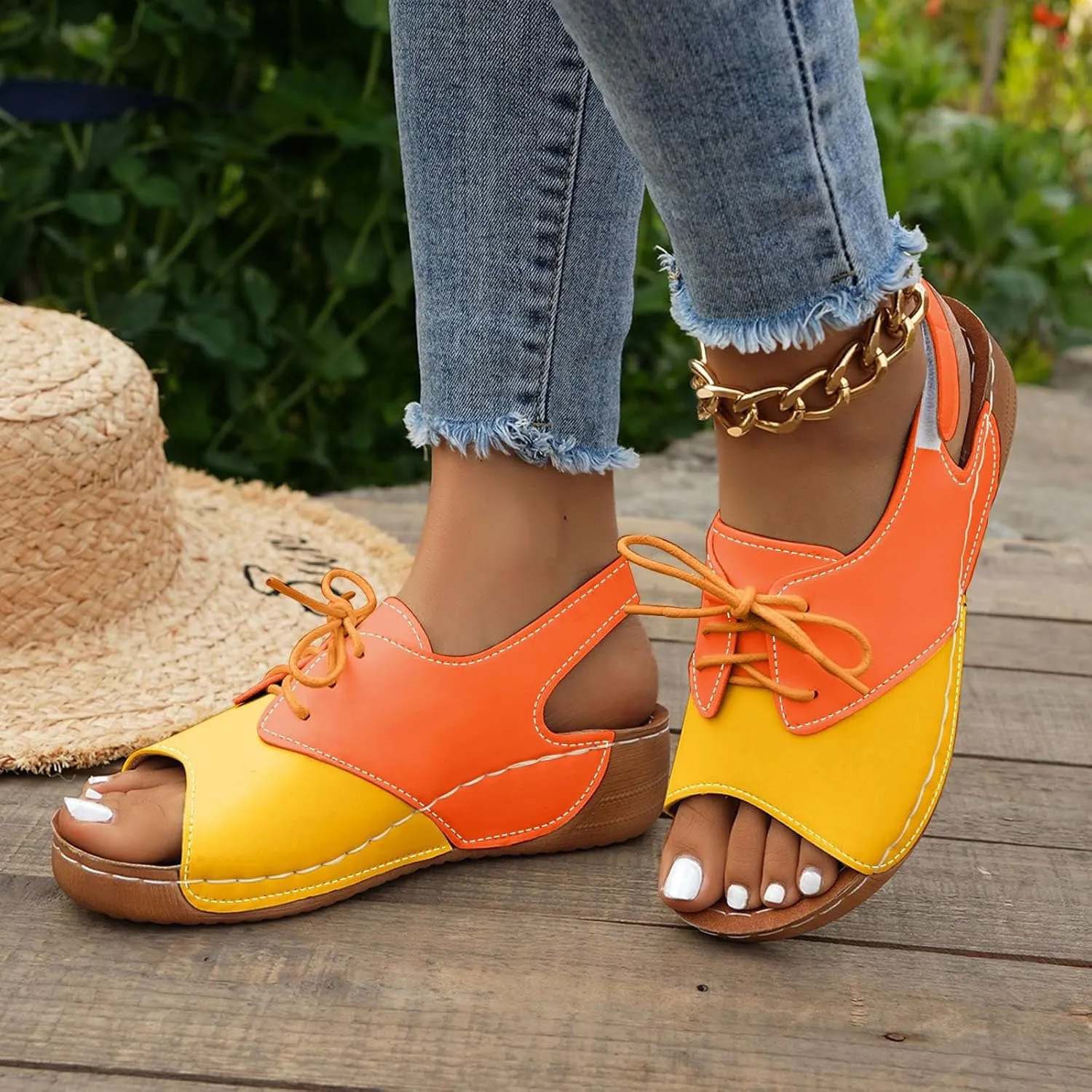 ZSpzx Wedge Sandals For Women 2025,Comfortable Dressy Summer Orthopedic Low Heel Comfortable Lace Up Slides Retro Soft Soled Walking Arch support Casual Non Slip-on Shoes for Daily Wear