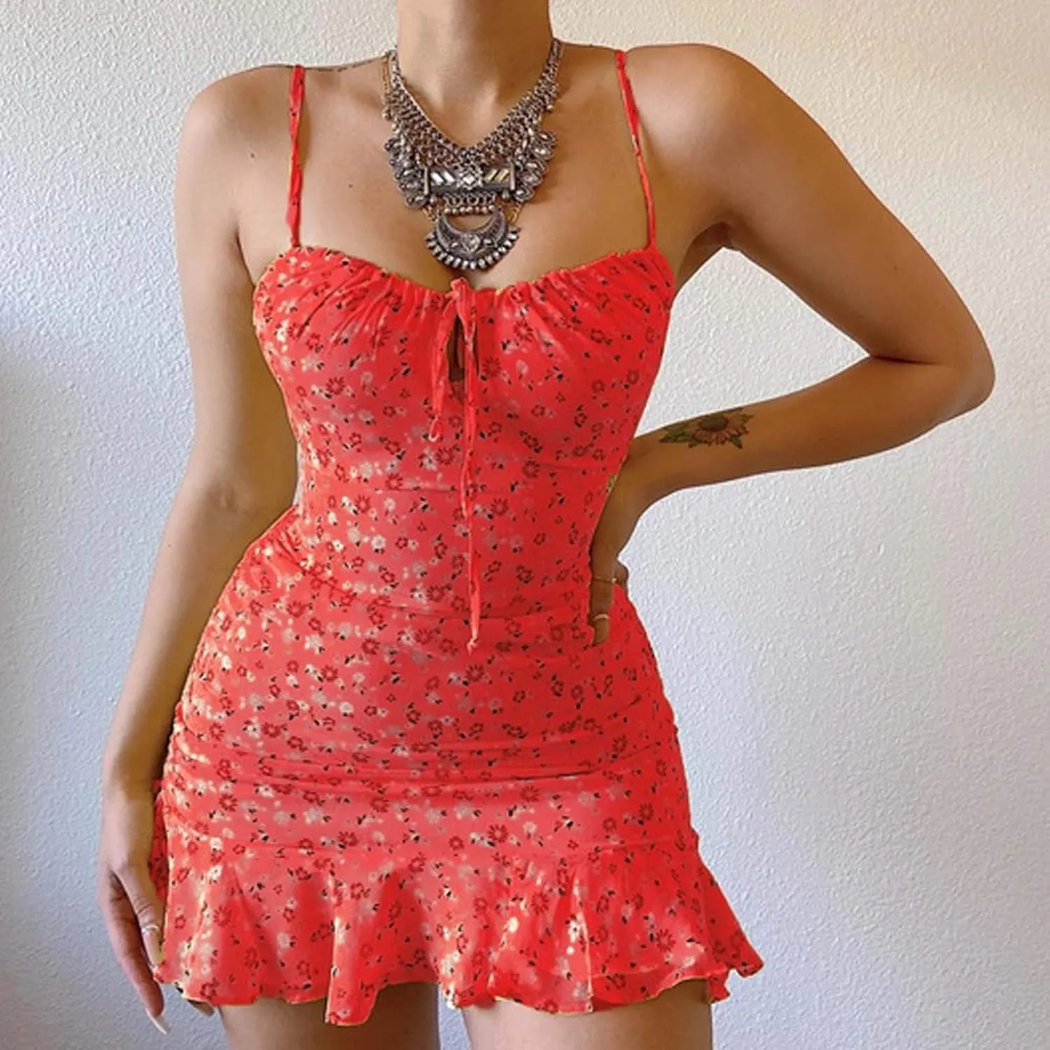 ZYXTIM Women's Floral Dress Ruched V Neck Sleeveless Ruffle Hem Tie Front Spaghetti Strap Cami Dress Trendy Mini Sun Dresses