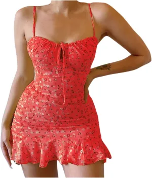 ZYXTIM Women's Floral Dress Ruched V Neck Sleeveless Ruffle Hem Tie Front Spaghetti Strap Cami Dress Trendy Mini Sun Dresses