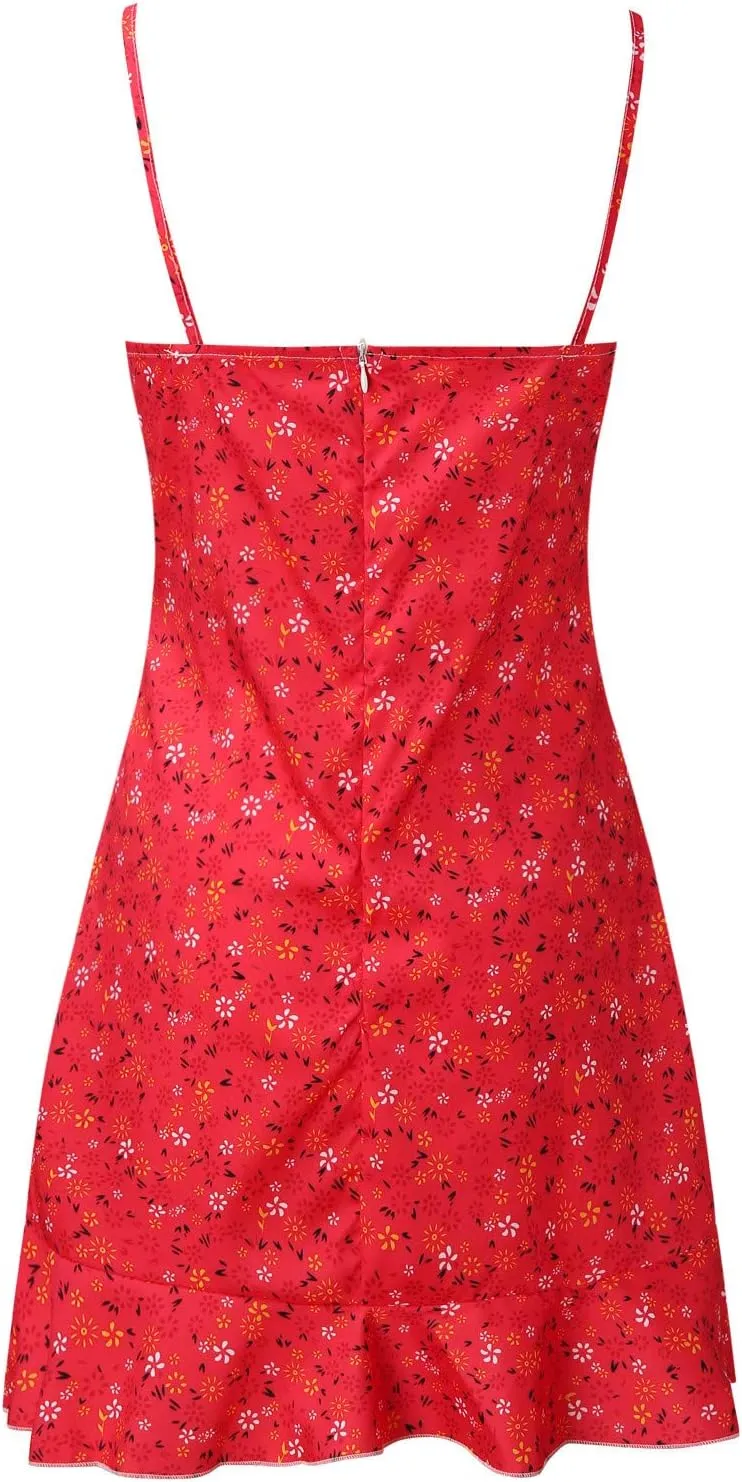 ZYXTIM Women's Floral Dress Ruched V Neck Sleeveless Ruffle Hem Tie Front Spaghetti Strap Cami Dress Trendy Mini Sun Dresses