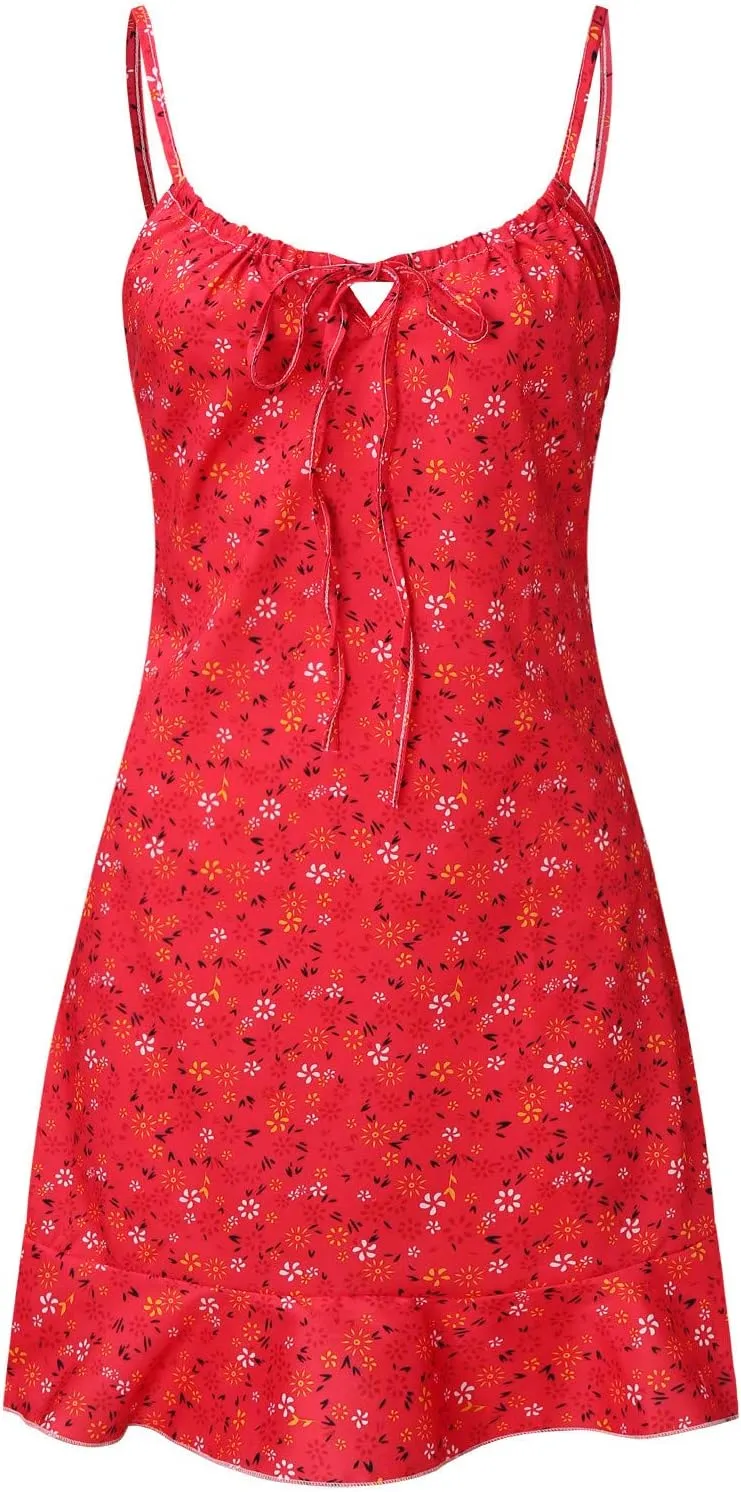 ZYXTIM Women's Floral Dress Ruched V Neck Sleeveless Ruffle Hem Tie Front Spaghetti Strap Cami Dress Trendy Mini Sun Dresses