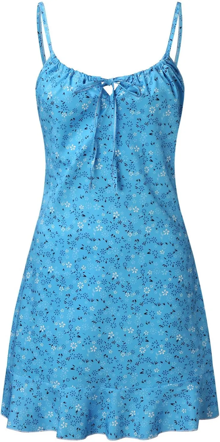 ZYXTIM Women's Floral Dress Ruched V Neck Sleeveless Ruffle Hem Tie Front Spaghetti Strap Cami Dress Trendy Mini Sun Dresses